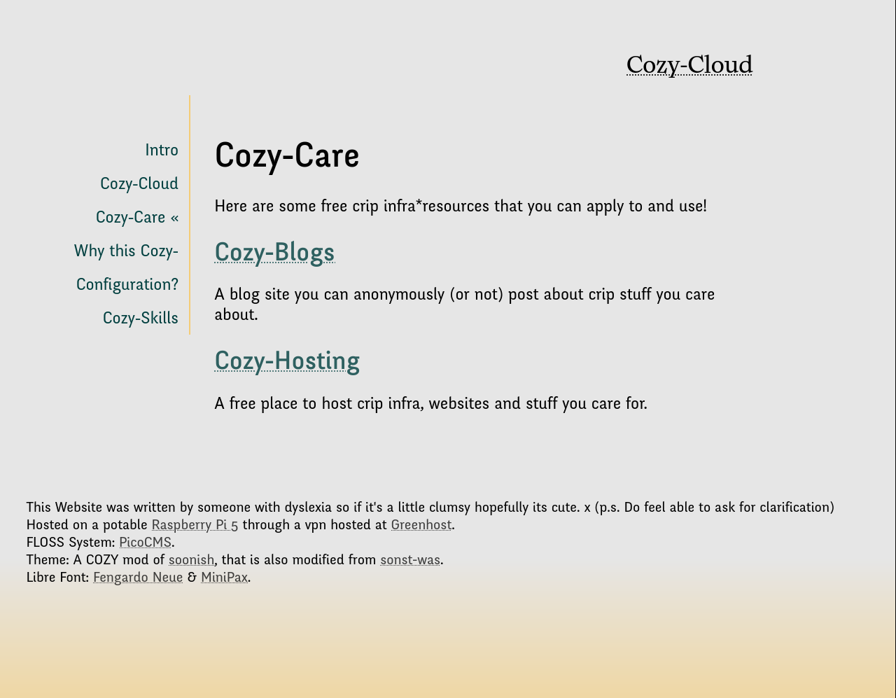 A screen shot of the Cozy-ish Theme, which has a orange to yellow gradient at the bottom which gently fade to off white at the top. The theme has a funky title font in the top right, a clear simple menu on the left with an arrow point to the current file. The page content is held in the middle and scrolls out of a fade from the bottom.