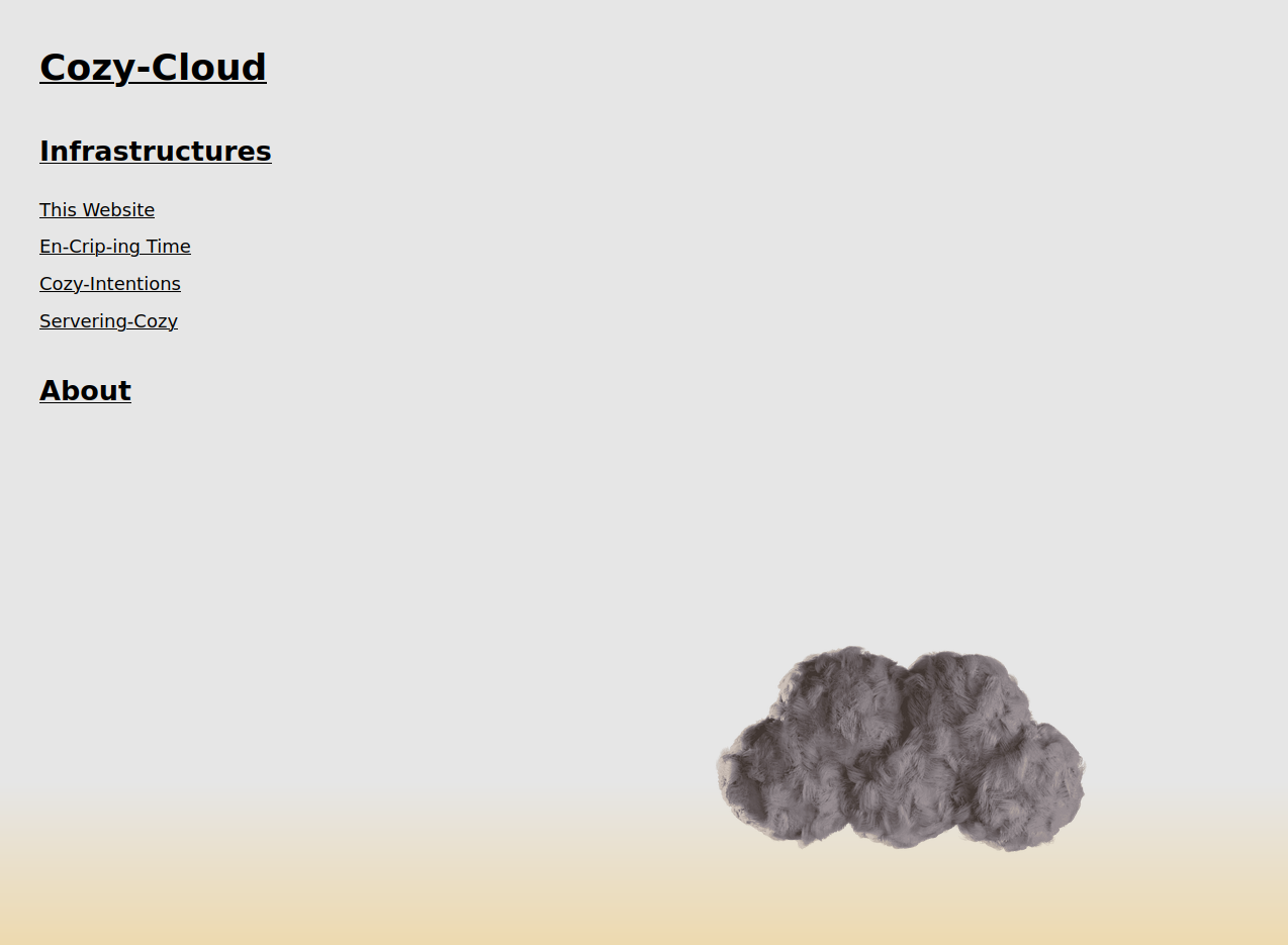 An image sharing the day layout of the Cozy night+day theme. This theme is in light mode and has a gradient background, going from warm yellow at the bottom to off white at the top. On the top left is the title of the site saying "Cozy-Cloud" in a bold black font, and a list of categories and their pages below. On the bottom right is the Cozy-Cloud icon appearing cozy and welcoming.
