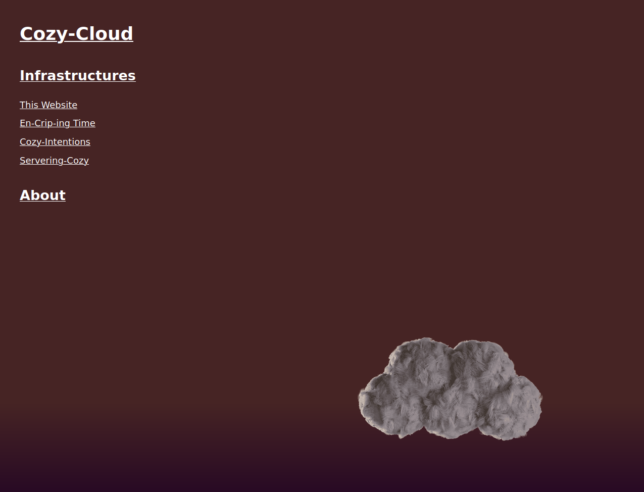 An image sharing the night layout of the Cozy night+day theme. This theme is in dark mode and has a gradient background, going from dark red/purple at the bottom to warm red/orange at the top. In the top left is the title of the site saying "Cozy-Cloud" in a bold white font, and a list of categories and their pages below. On the bottom right is the Cozy-Cloud icon appearing cozy and welcoming.