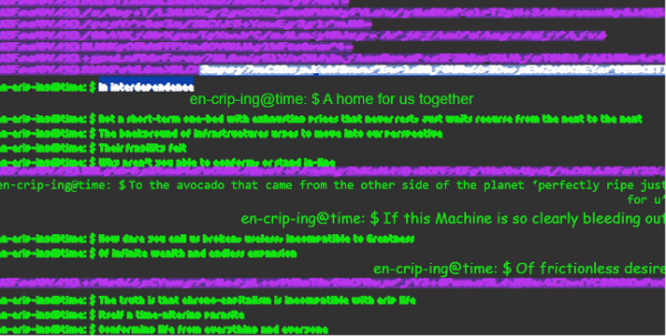 A snapshot of the live infrastructure and poem with the CSS working, as it will be different every time it is visited. The screen is filled with a mixture of fonts and placements in green, which hold different lines of the crip time poem. Here you can read lines like "A home for us together", "Of frictionless desire", as well as others. Their are bright pink almost unreadable bits of text which highlight the en-crip-ed lines of the poem.