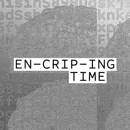 A cover image by Mariana for Mesh festival. This is in grey scale and has a glitchy background of a distorted noisy image with random numbers, letters and symbols in lines across it. On top on this in clear black writing on a white background are the words "En-crip-in Time".