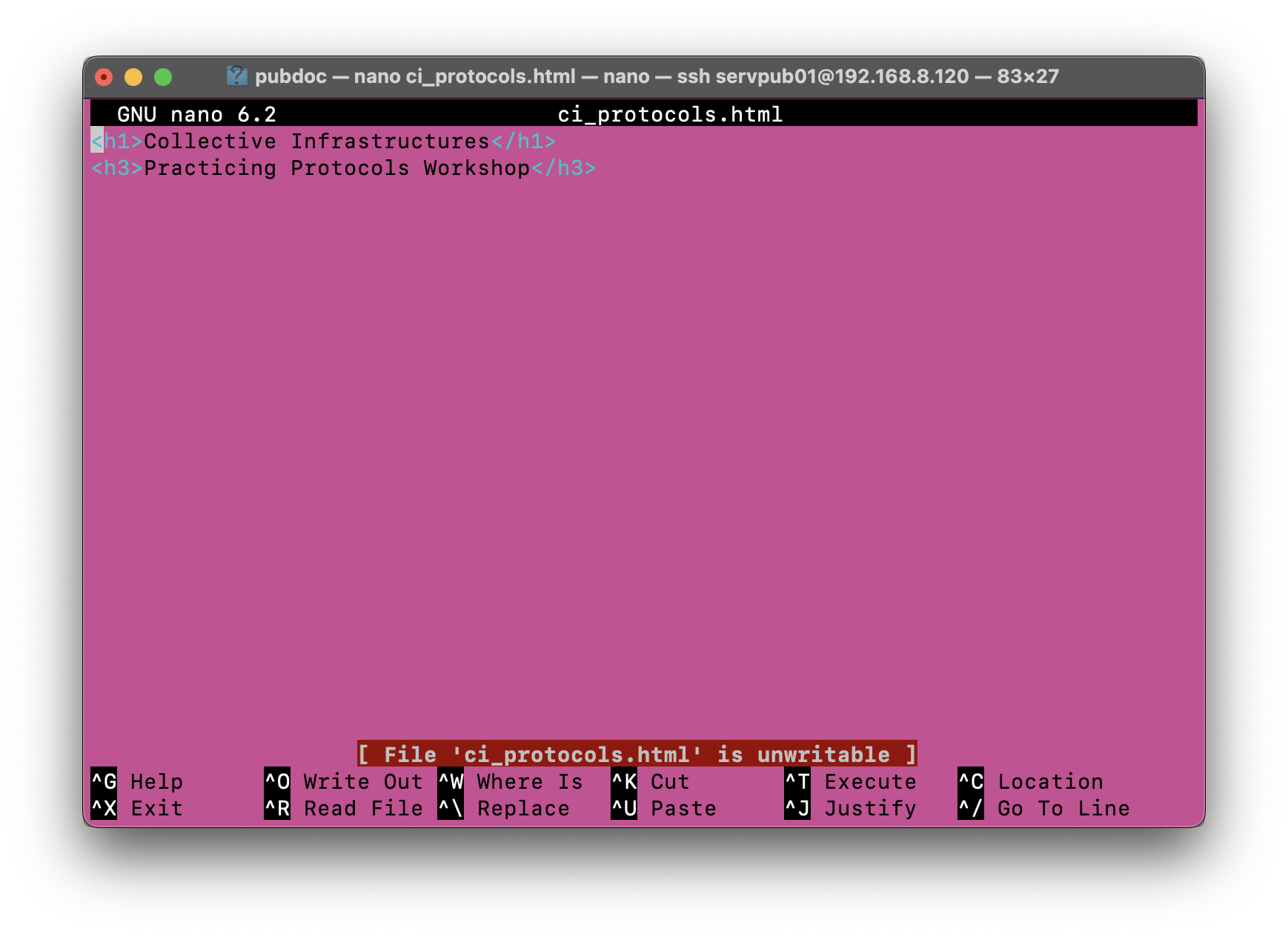A screenshot capturing a bright pink terminal interface which has the HTML page we are editing shown in nano. Nano is a basic text editor based in the terminal.