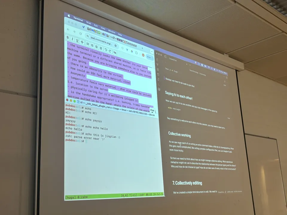 This image shows the collective etherpad (left) and technical steps (right) for the workshop being projected for people to follow along.