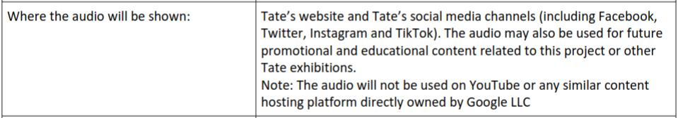 A screen shot from a contract with the Tate displaying a "Note" disclaiming it cannot be shared on platforms run by Google LLC